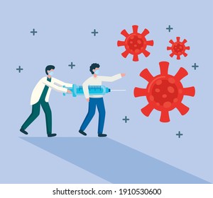 doctors wearing medical masks lifting syringe and particles characters vector illustration design