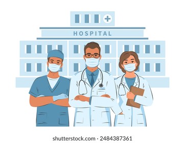 Doctors wearing medical masks on the background of the hospital building. Healthcare services, Ask a doctor. Vector illustration.