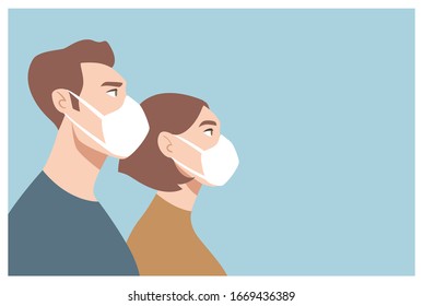 Doctors wearing white medical face mask.  People in respirator. Concept of coronavirus quarantine. Stop COVID-19 (2019-nCoV). Vector illustration. Flu virus