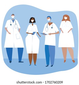 Doctors in white coats and face masks as a concept for the health and prevention of the virus and flu. Stock vector flat illustration with multicultural wokers or specialists of a hospital or clinic.