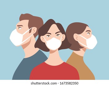 Doctors in white medical face mask. People in respirator. Concept of coronavirus quarantine. Stop COVID-19