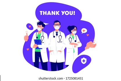 DOCTORS in white medical face mask fight against viruses. Professional hospital workers for web design. Thank you frontline heroes for fighting the coronavirus. Vector illustration of doctors.