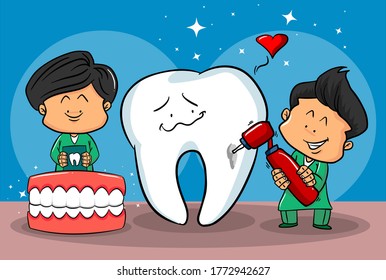Doctors who treat giant teeth like cures, drawing cartoon character.