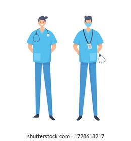 Doctors without mask and in mask. Medical workers on a white background. Hospital staff. Vector illustration in a flat style. Trendy people.