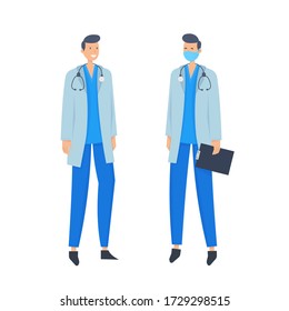Doctors without mask and in mask. Medical workers on a white background. Hospital staff. Vector illustration in a flat style. Trendy people.