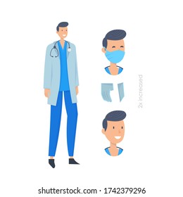 Doctors without mask and in mask. Medical workers on a white background. Hospital staff. Vector illustration in a flat style. Trendy people.