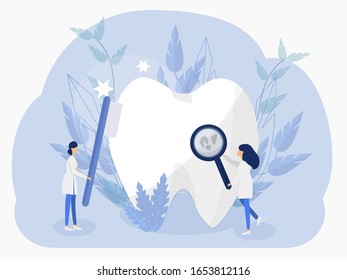 Doctors woman making examination, medical whitening for tooth. Stomatology concept graphic illustration in vector design