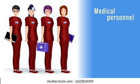 Doctors, women medical workers stand in a row isolated on a white background. Medical team front view. Detailed flat, cartoon style vector illustration stock.