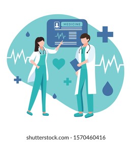 Doctors at work. Medical hospital staff people. Doctors in medic uniform vector illustration.