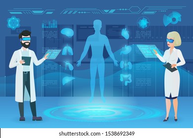 Doctors working in augmented reality flat vector illustration. Scientists, colleagues in AR glasses cartoon characters. Medical workers studying human anatomy. Futuristic technology in medicine