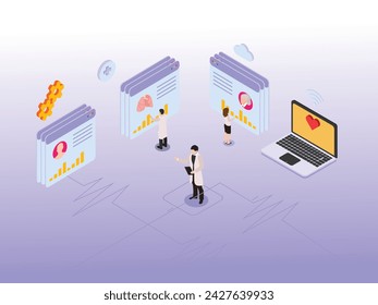 Ärzte arbeiten mit EHR, Elektronische Gesundheitsakte isometrische 3D-Vektor-Illustration