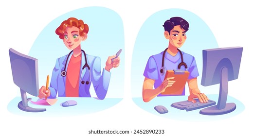 Doctors working on computer in hospital. Vector cartoon illustration of male and female medics providing telemedicine consultation, talking to patient online, making prescription, clinic services