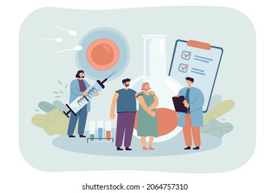 Doctors working on infertility treatment for female, male characters. Couple having fertility problem looking for medical aid in clinic flat vector illustration. Pregnancy, reproductive health concept