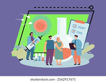 Doctors working on infertility treatment for female, male characters. Couple having fertility problem looking for medical aid in clinic flat vector illustration. Pregnancy, reproductive health concept