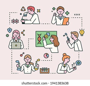 The doctors are working on their own, and they are all connected. flat design style minimal vector illustration.