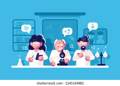 Doctors working at researching laboratory vector illustration. Group of scientists doing research and experiments at medical lab with special equipment flat style concept