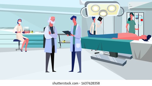 Doctors working in surgery room. Patient, nurse, team flat vector illustration. Hospital, surgeon, operation concept for banner, website design or landing web page
