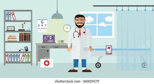 Doctor's workplace in the clinic. Isolated vector illustration in flat design style