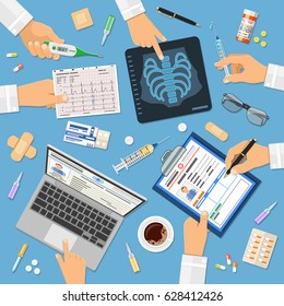 Doctors workplace concept with flat icons hands holds x-ray, medical record, cardiogram, syringe. isolated vector illustration