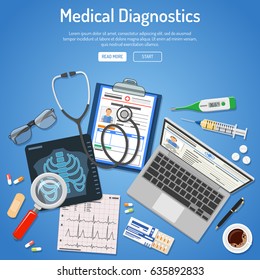 Doctors workplace and Medical diagnostics concept with flat icons laptop, x-ray, medical record, cardiogram, syringe. isolated vector illustration