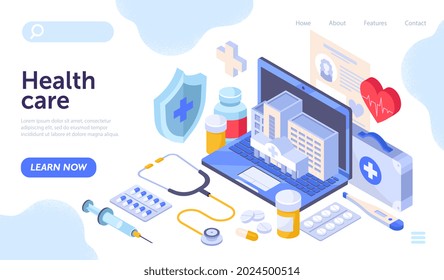 Doctors workplace surrounded by essential hospital elements. Modern digital medical services for remote health care. Website, web page, landing page template. Isometric cartoon vector illustration.