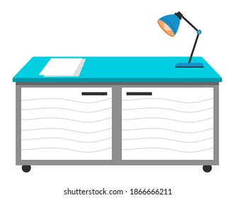 Doctor's workplace at the table in the office. Blue desk and a lamp in medical cabinet isolated on white background. Furniture for a medical clinic with opening doors flat vector illustration
