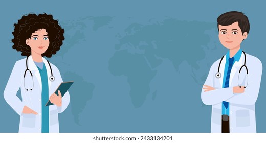 Doctors with world map background. vector illustration
