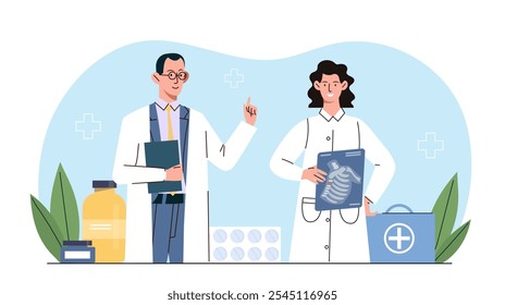 Doctors with xray diagnosis. Man and woman in medical uniform with chest x ray. Team of pulmonologists. Healthcare and medicine. Diagnosis and treatment. Flat vector illustration