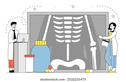 Médicos con radiografía de las costillas. Hombre y mujer con uniformes médicos cerca de esqueleto radiográfico. Medicina y salud. Diagnóstico y tratamiento. Ilustración vectorial lineal aislada sobre fondo blanco