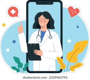 The doctor-therapist consults the patient via video link online. Concept of online doctorate vector illustration on modern minimalistic style