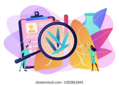 Doctot with magnifier looking at bacteria in lungs. Tuberculosis, mycobacterium tuberculosis and world tuberculosis day concept on white background. Bright vibrant violet vector isolated illustration