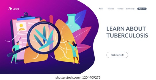 Doctot with magnifier looking at bacteria in lungs. Tuberculosis, mycobacterium tuberculosis and world tuberculosis day concept on white background. Website vibrant violet landing web page template.