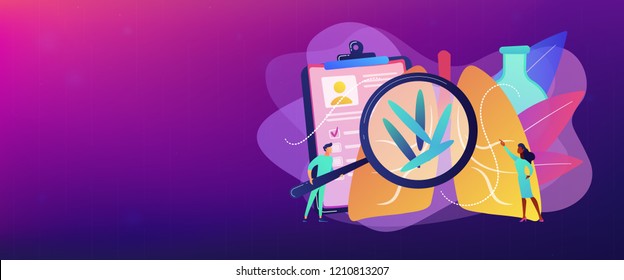 Doctot with magnifier looking at bacteria in lungs. Tuberculosis, mycobacterium tuberculosis and world tuberculosis day concept on white background. Header or footer banner template with copy space.