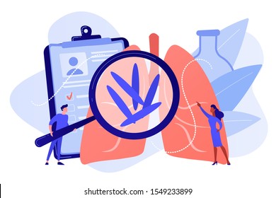 Doctot with magnifier looking at bacteria in lungs. Tuberculosis, mycobacterium tuberculosis and world tuberculosis day concept on white background. Pinkish coral bluevector isolated illustration