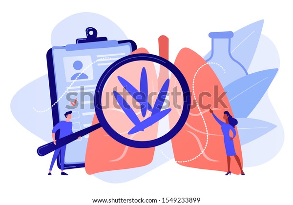 Doctot with magnifier looking at bacteria in\
lungs. Tuberculosis, mycobacterium tuberculosis and world\
tuberculosis day concept on white background. Pinkish coral\
bluevector isolated\
illustration