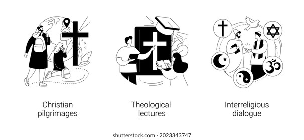 Doktrin eines guten abstrakten Konzepts Vektorgrafik Set. Christliche Wallfahrten, theologische Vorlesungen, interreligiöser Dialog, Kirchenvater, religiöses Symbol, besuchen Heilige Ort abstrakte Metapher.