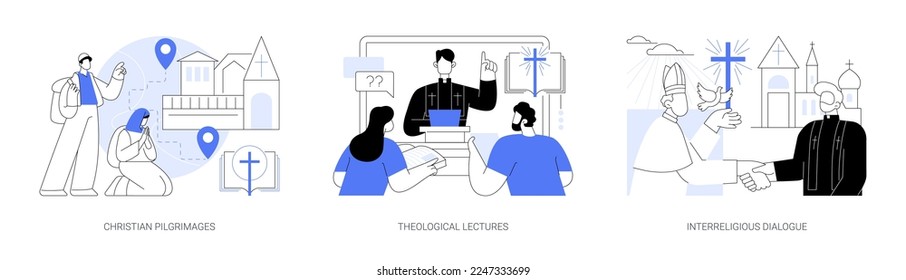 Doctrine of god abstract concept vector illustration set. Christian pilgrimages, theological lectures, interreligious dialogue, church father, religious symbol, visit saint place abstract metaphor.