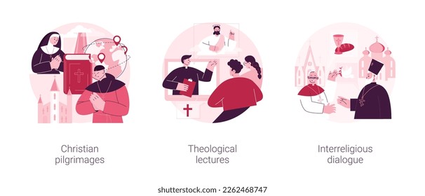 Doctrine of god abstract concept vector illustration set. Christian pilgrimages, theological lectures, interreligious dialogue, church father, religious symbol, visit saint place abstract metaphor.