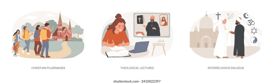 Doctrine of god isolated concept vector illustration set. Christian pilgrimages, theological lectures, interreligious dialogue, church father, religious symbol, visit saint place vector concept.