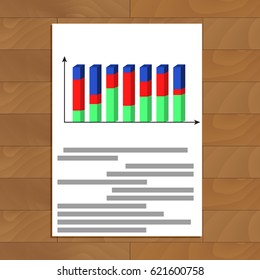 Document with 3d chart. Report development analytics, infochart with red curve, vector illustration