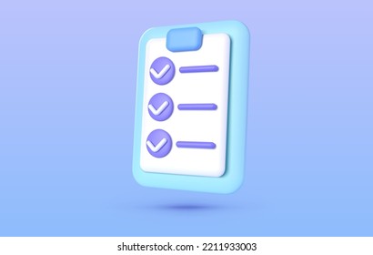 Document 3d. Exam checklist icon. Business vector icon. 3d check list icon vector render illustration. Vector render illustration