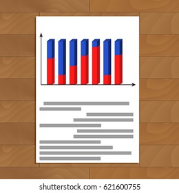 Document with 3d graphic. Infochart colored, analysis diagram finance, vector illustration
