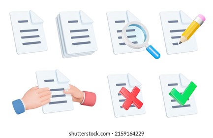 Document 3d icon set. Working with documents. Documentation. Interaction with business paper and files. To give a document from hand to hand. Isolated icons, objects on a transparent background