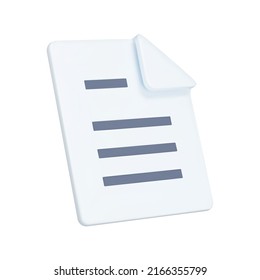 Document 3d icon. A sheet of paper with text, with a bent corner, page. Isolated object on a transparent background