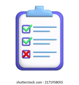 Document 3d Icon. To-do List On Clipboard With Check And Cross Marks. 3d Realistic Design Element. Vector Illustration.