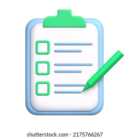 Document 3d icon. To-do list on clipboard with pen. 3d realistic design element. Vector illustration.