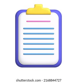 Document 3D Icon. White sheet of paper on clipboard. Document with stripes. Business concept. 3d realistic vector illustration.