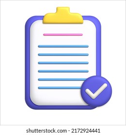 Document 3d icon. White sheet of paper on clipboard. Document with stripes and check mark. 3d realistic vector illustration.
