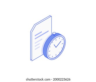 Document, a4 list, time managment file, clocks, doc and stopwatch isometric illustrate 3d vector icon. Modern creative design illustration in flat line style.