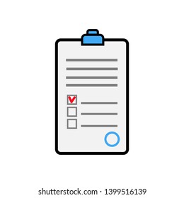 Document with abstract text signed and stamped, a medical form with a questionnaire and a medical history with a clip, a simple icon on a white background. Vector illustration